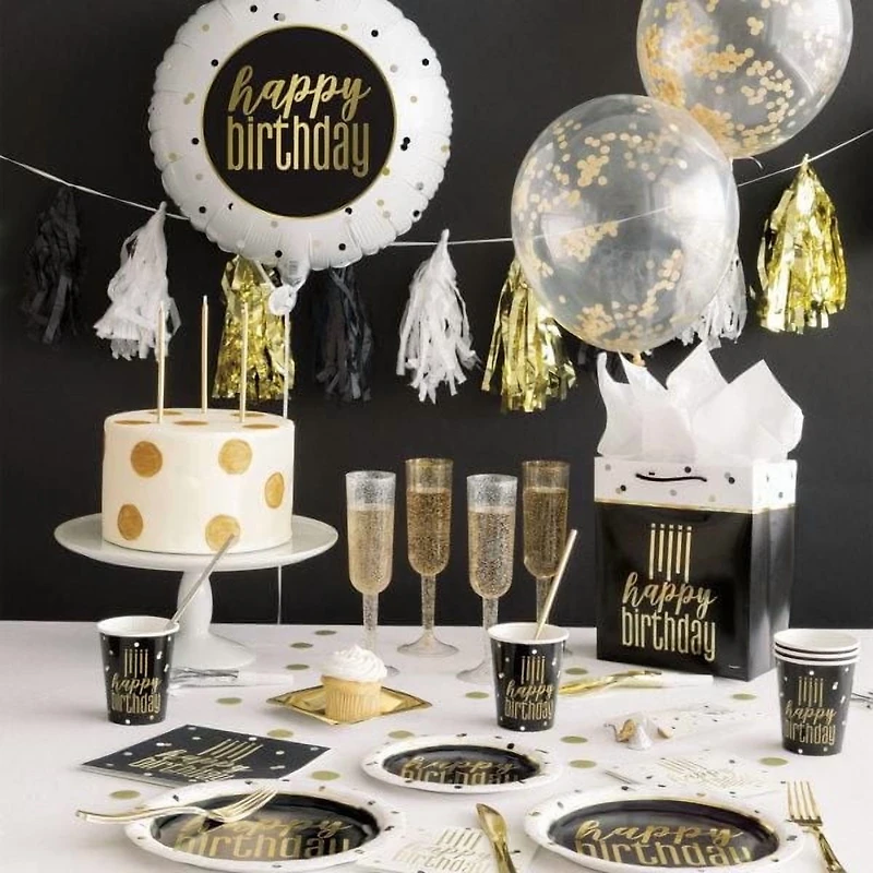 Gold, Black and White Tissue Tassel Garland, 9 ft, 15 tassels, 2.74m