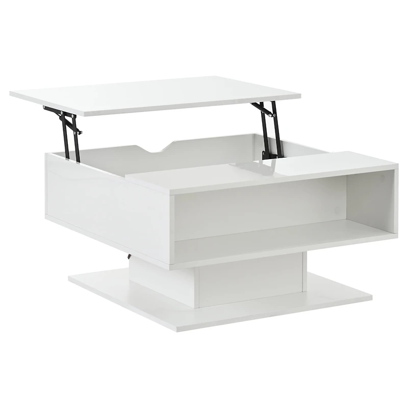Homy Casa, White LED Lift Top Coffee Table with Open Storage and High Gloss Finish for Living Room