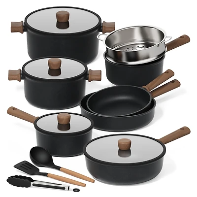 Carote Titanium Nonstick Pots and Pans Set, Carote Titanium Nonstick Pots and Pans Set, 15 Pieces Kitchen Induction Cookware Set with Silicone Tools and Pan Protector, Dishwasher Safe, Black