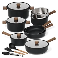 Carote Titanium Nonstick Pots and Pans Set, Carote Titanium Nonstick Pots and Pans Set, 15 Pieces Kitchen Induction Cookware Set with Silicone Tools and Pan Protector, Dishwasher Safe, Black
