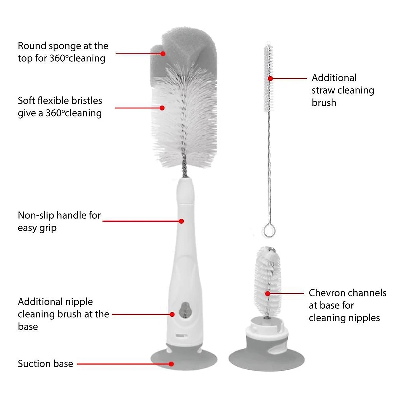 Playtex Baby Deluxe Bottle & Nipple Brushes – 3 Piece Baby Bottle Cleaning Brush with Sponge Tip, Suction Base & Straw Brush – BPA Free and Dishwasher Safe