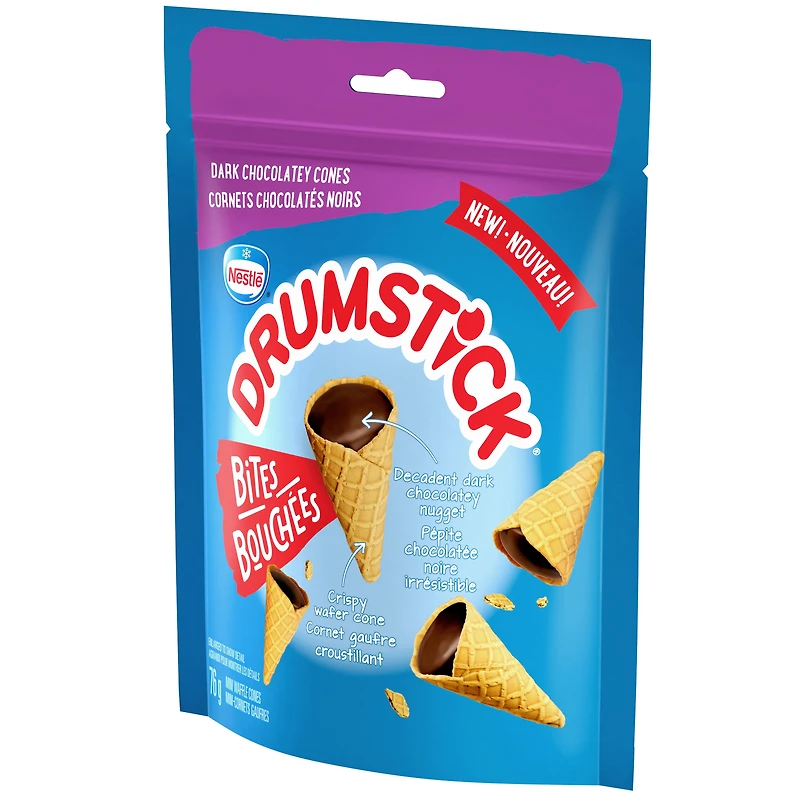 DRUMSTICK BITES, Decadent dark chocolatey bite-sized mini wafer cones, The last bite from Canada's favourite cone, 76 g