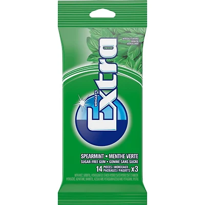 Gomme à mâcher Extra Menthe verte sans sucre, 14 palettes, emballage de 3
