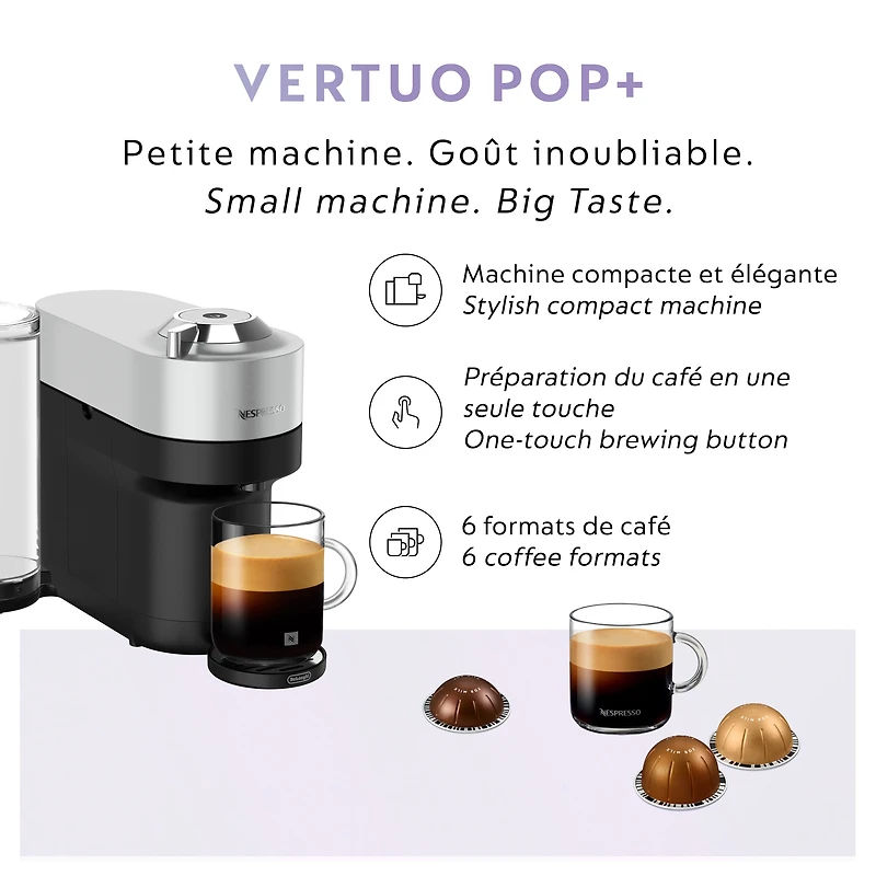 Machine à Café et Espresso Nespresso Vertuo Pop+ par De'Longhi, Argent 6 cup sizes