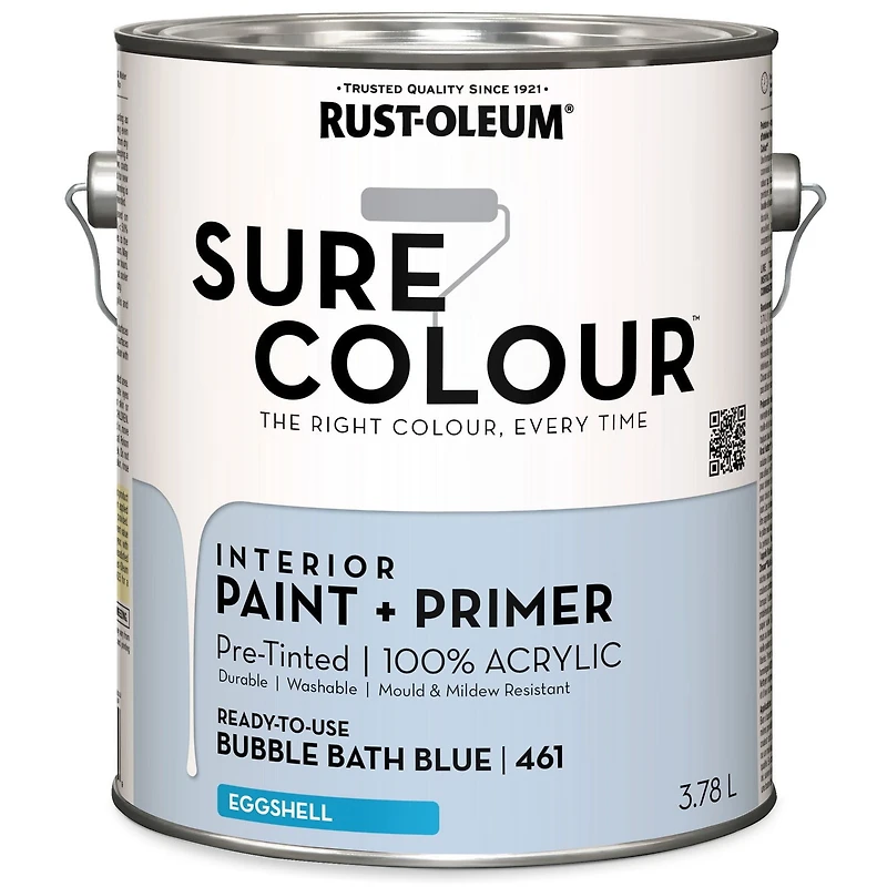 Rust-Oleum Sure Colour™ Peinture + Apprêt, Intérieur Coquille d'oeuf, Bleu Bain Moussant 3,78L 3,78L