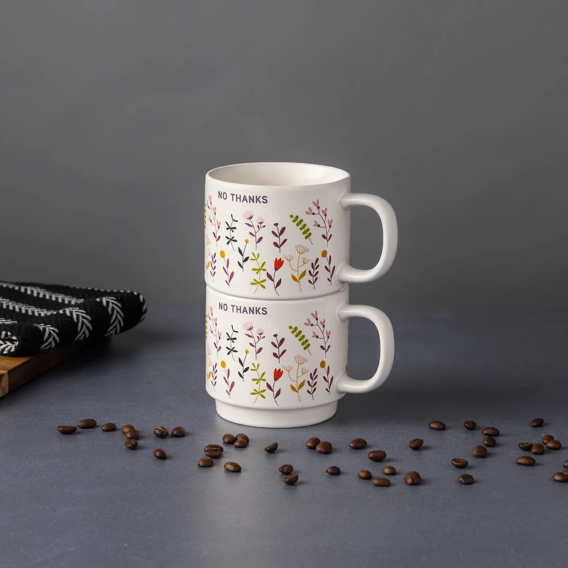 Lot de 2 mugs empilables « Good Morning » et « No Thanks » avec fleurs, en grès, 410 ml