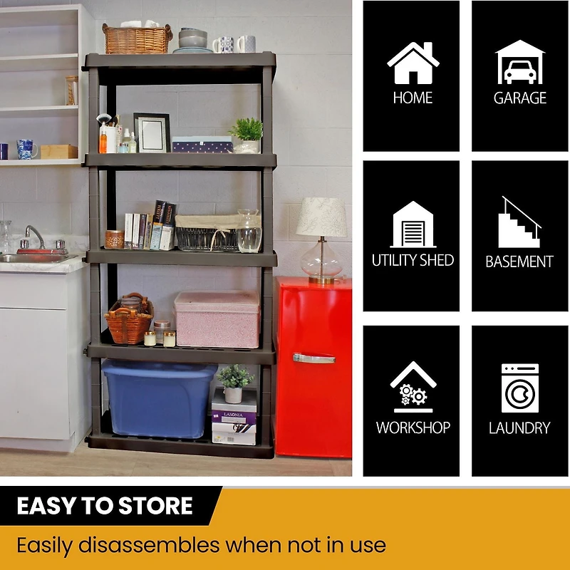 Hyper Tough Plastic Shelves Garage Storage Shelving Unit 5-Tier 73.80"H x 17.75"D x 36"W Black-750 lb Total Capacity Made In Canada