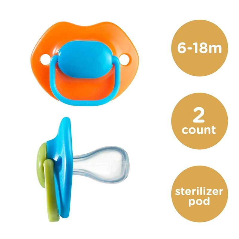 Tommee Tippee FunBrights Pacifiers, Symmetrical Design, BPA-Free Silicone Baglet, Includes Sterilizer Box, 6-18m, 2-Count