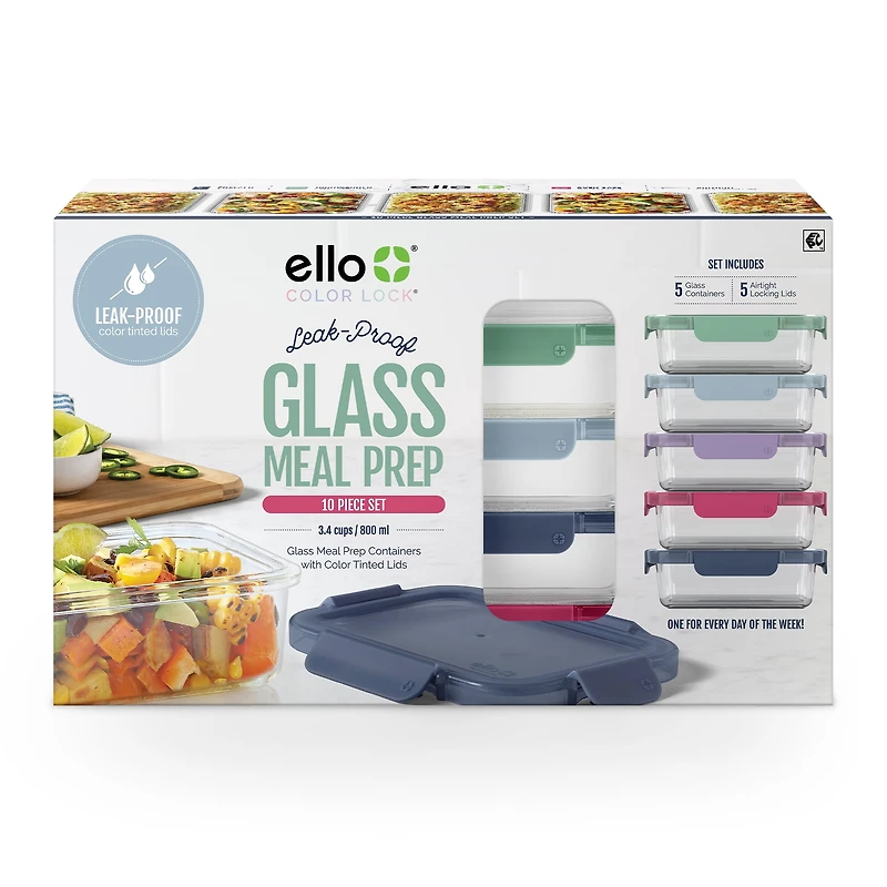 Ello Colorlock Ensemble de Préparation de Repas en Verre de 3.4 tasses de 10 Pièces