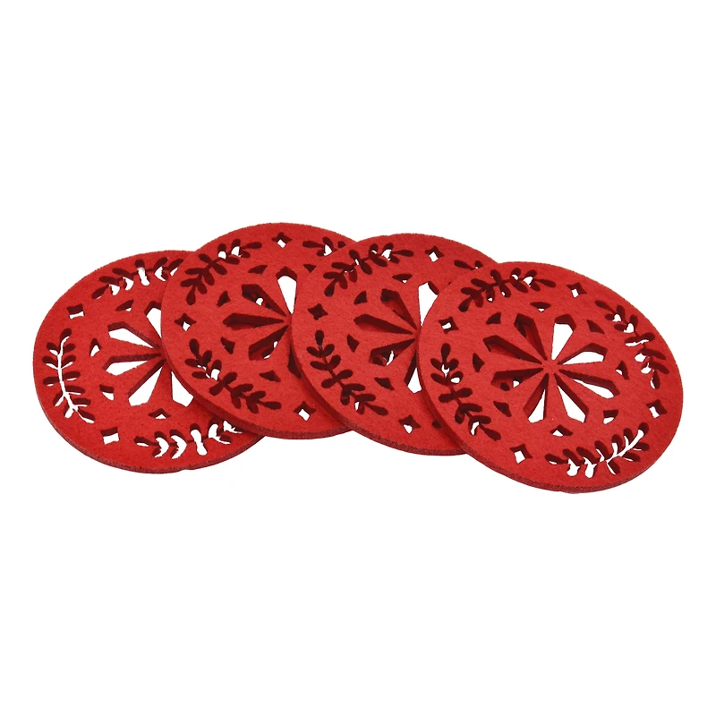 Lot de 4 dessous de verre festifs en feutre rouge avec décorations de Noël Holiday Time, Protecteur de table d'isolation thermique