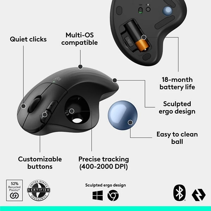 Logitech ERGO M575S Souris Trackball Ergonomique Sans Fil Pour PC/Mac