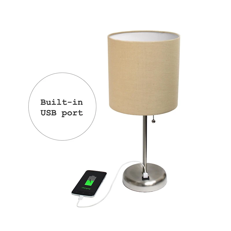 LimeLights Stick Lamp with USB charging port and Fabric Shade
