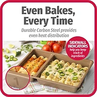 Plaque oblongue en acier au carbone épais, texturée à losanges avec compartiments BestBake MultiMeal de GoodCook et indicateurs sur les côtés pour personnaliser les recettes, 9 po x 13 po, bronze GC BESTBAKE MULTIREPAS OBLONG, 9 X 13 PO