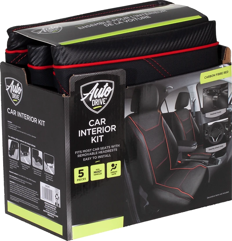 Auto Drive 5-Piece Car Seat cover kit Carbon Fiber Black with Red Piping