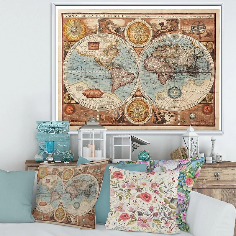 Designart Ancient Map of The World VIII FLOAT FRAME WALL ART
