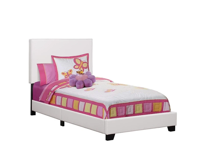 Monarch Specialties Lit, Taille Jumelle, Plate-forme, Chambre À Coucher, Cadre, Rembourré, Pu D'aspect Cuir, Pattes En Bois, Blanc, Transitionnel