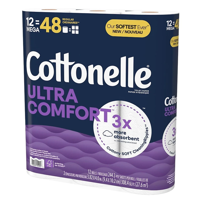Cottonelle Ultra Comfort Toilet Paper, Strong Toilet Tissue, 12 Mega Rolls (12 Mega Rolls = 48 Regular Rolls), 244 Sheets Per Roll