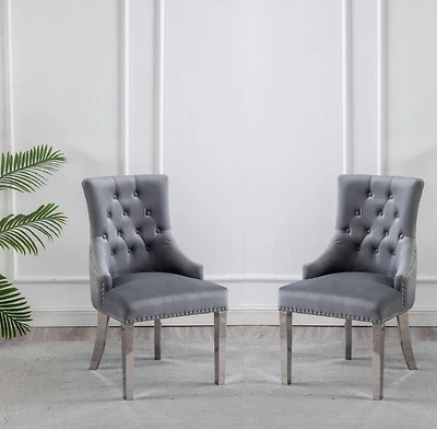 CHAISES K-LIVING FANCY EN VELOURS COULEUR GRIS AVEC PIEDS EN ACIER INOXYDABLE ET POIGNÉE ARRIÈRE ROBUSTE (2 CHAISES)