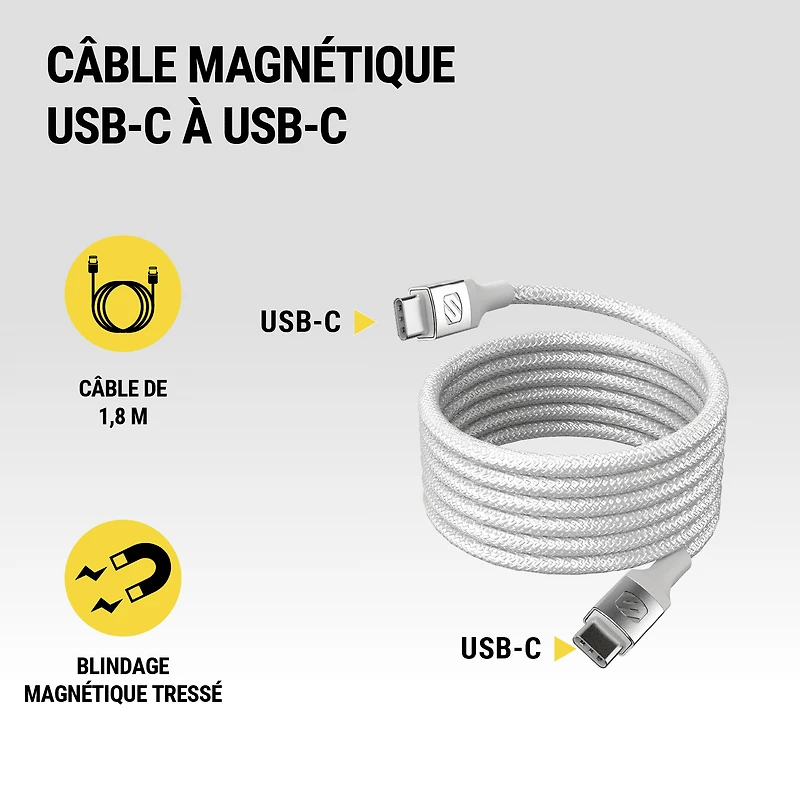 Câble tressé de recharge magnétique 60 watts USB-C à USB-C Strikeline CCBM6WT-SP Scosche 1,8 m, blanc (FRENCH) GOI F&B - Item Short Description