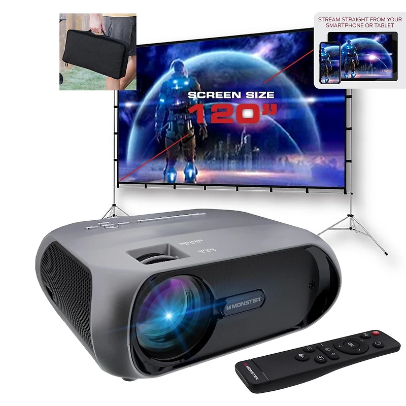 Ensemble de projecteur ACL Monster Image Stream sans fil super lumineux 1080p FHD TFT avec écran de 120 pouces et mallette de transport inclus MHV1-1052-CAN