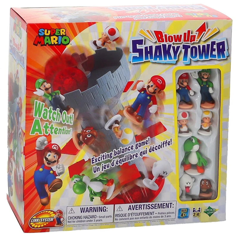 Epoch Games Super Mario explose ! Jeu d'équilibrage Shaky Tower, jeu d'adresse et d'action sur table avec figurines d'action Super Mario à collectionner Jeu Super Mario Shaky Tower