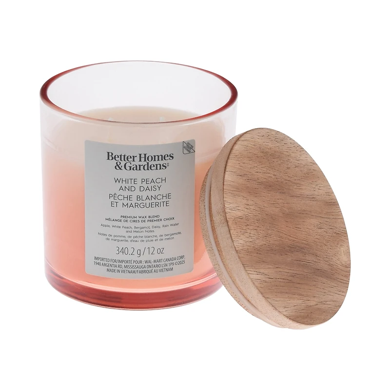 Bougie parfumée en pot ombré à 2 mèches à la cire de paraffine 12 oz Better Homes & Gardens, Pêche blanche et marguerite Mélange de cire de paraffine