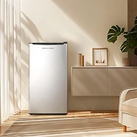 Hamilton Beach 3.3 Cu.Ft Mini Fridge with Freezer, Compact Refrigerator, Single Door, Energy Star, Reversible Door, Stainless Steel