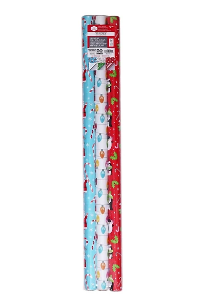 Holiday Time Assortiment de 3 rouleaux de papier d'emballage cadeau réversible de Noël