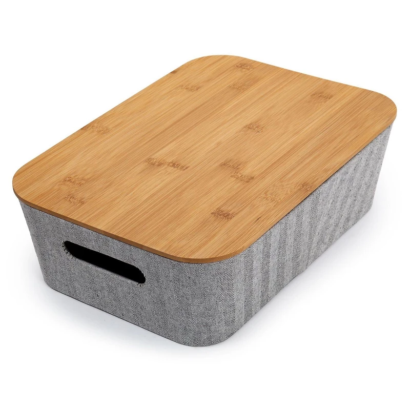 Truu Design Modern and Sleek Decorative Paper Grey Storage Basket with Bamboo Lid
