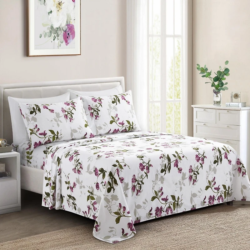 Literie Marina Décoration ultra douce et soyeuse, imprimée, en rayonne de bambou, toutes saisons, 6 pièces, avec taies d'oreiller, motif floral rose pâle