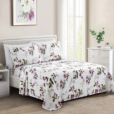 Literie Marina Décoration ultra douce et soyeuse, imprimée, en rayonne de bambou, toutes saisons, 6 pièces, avec taies d'oreiller, motif floral rose pâle