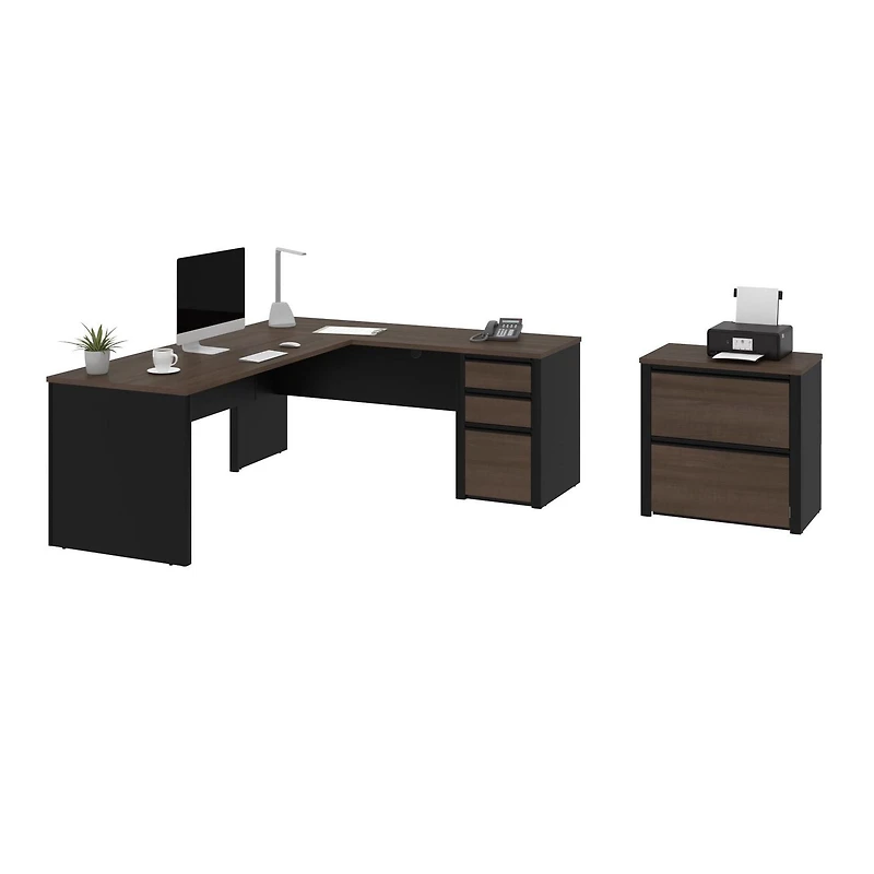 Bestar Connexion 2-Piece set including an L-shaped desk and a lateral file cabinet in antigua & black