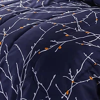 Literie Marina Décoration ultra douce et luxueuse en duvet d'oie, alternative au duvet d'oie, richement imprimée, avec draps et motif de branches bleu marine moderne