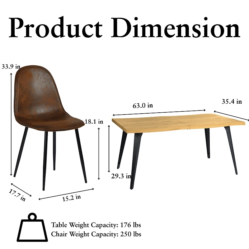 Ensemble de salle à manger 5 pièces Homy Casa de style industriel moderne pour 4 personnes, table en imitation bois avec bords naturels et 4 chaises sans accoudoirs, tissu en suède brun Fuax