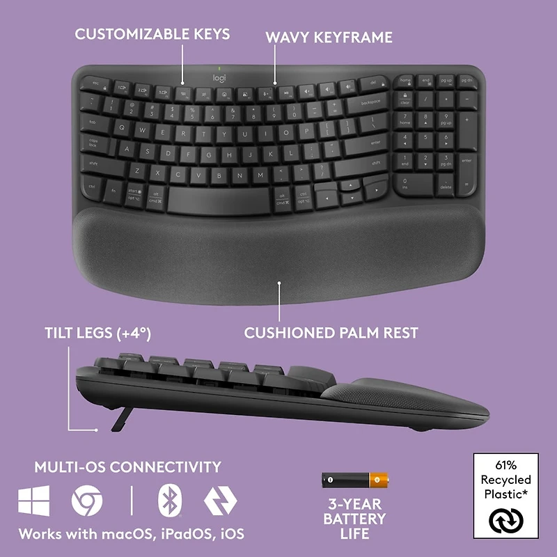 Logitech Wave Keys - clavier ergonomique sans fil, repose-poignets rembourré - Graphite