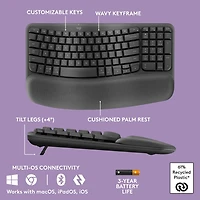 Logitech Wave Keys - clavier ergonomique sans fil, repose-poignets rembourré - Graphite