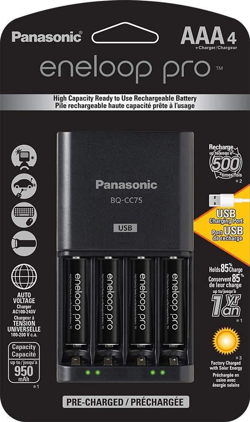 Panasonic Eneloop Advanced Battery Charger with USB Charging Port and 4AAA eneloop pro High Capacity Rechargeable Batteries