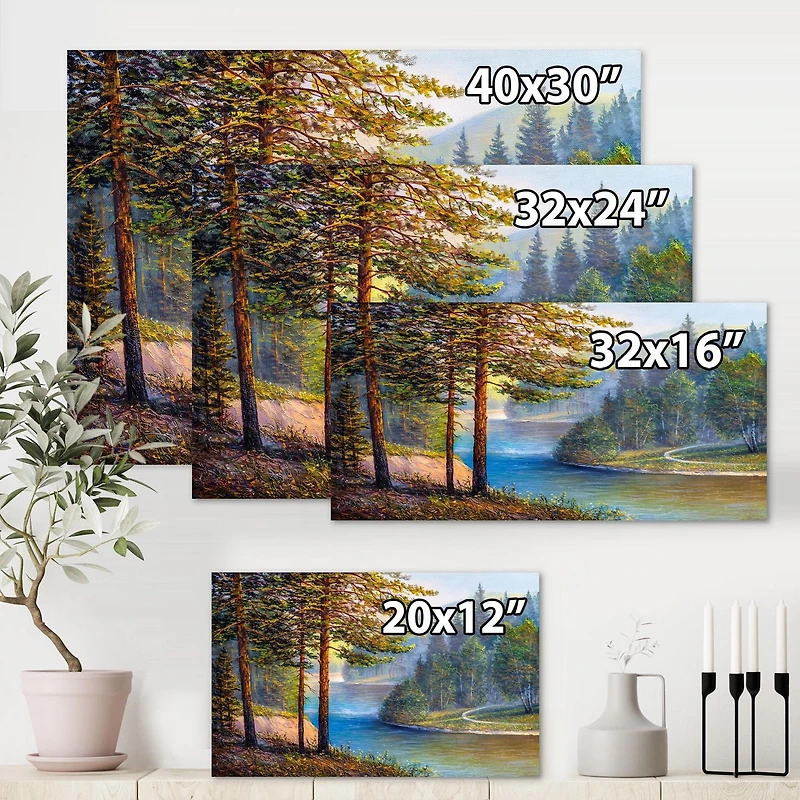 Designart Lumière du soleil du matin à travers la forêt de pins et de sapins Art mural sur toile