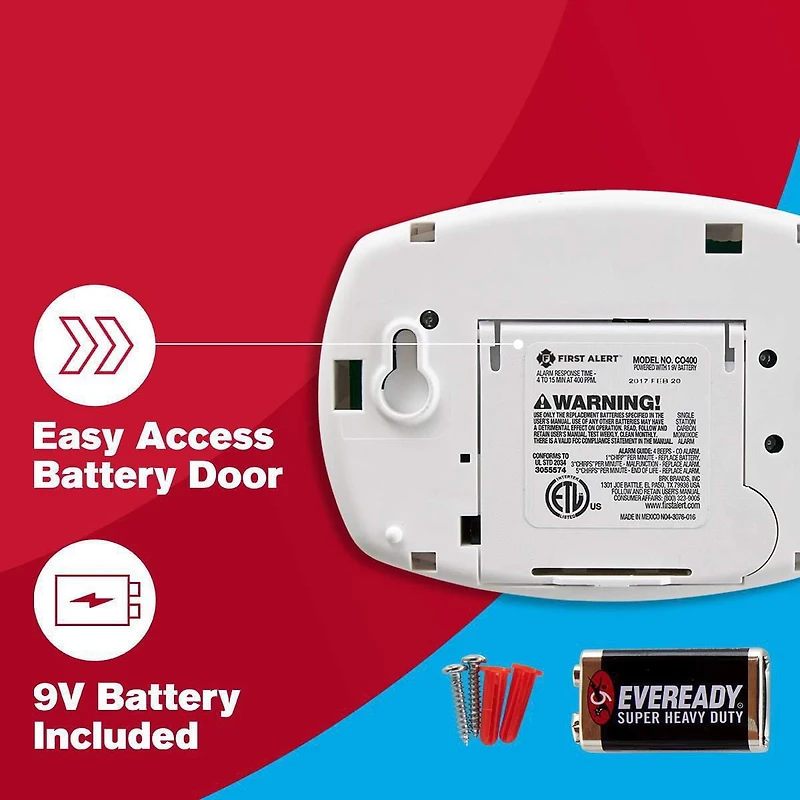 First Alert CO400A Carbon Monoxide Detector, Battery Operated, CO400A
