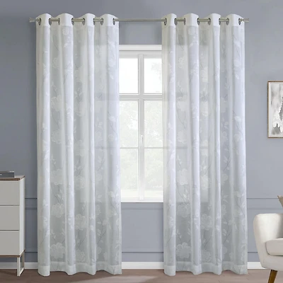 Loft Living Greeley, panneau de rideau à oeillets diaphane à motif de branches sur faux lin 52" x 95", blanc