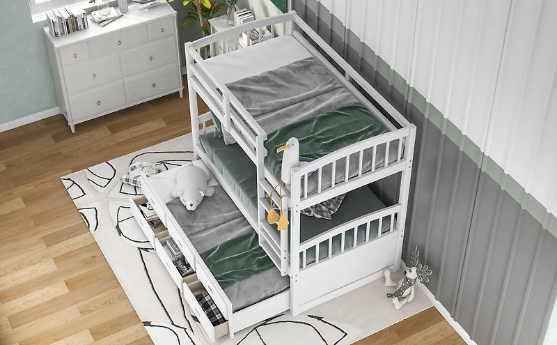 Homy Casa Twin Over Twin Bunk Bed with Trundle and Drawers for Shared Rooms Family Homes