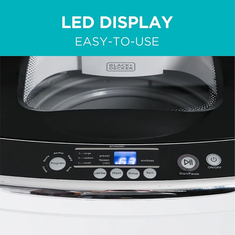 Black + Decker Small Portable Washer, Washing Machine for Household Use, Portable Washer 0.9 Cu. Ft. with 5 Cycles, Transparent Lid & LED Display