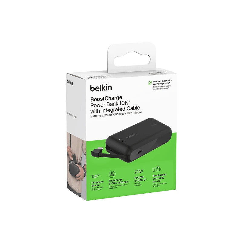 Belkin BoostCharge Portable Power Bank, 2.2in/5.7cm Integrated Cable 10,000mAh PD 20W Fast Charge USB-C Power Delivery, Portable iPhone Charger for iPhone 15 Series, iPad Pro, Galaxy S24 & More Black, BEL 10K 20W CABLE PWRBNK BLK