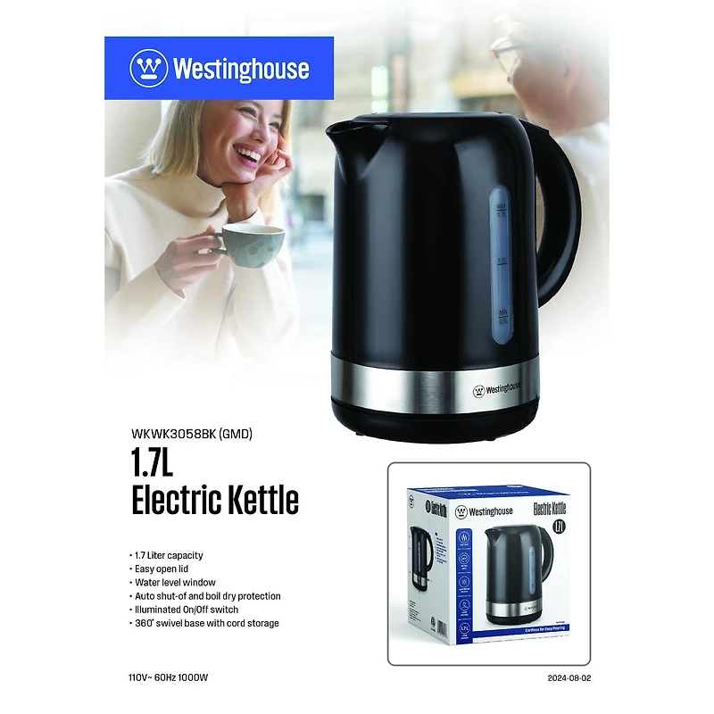 Westinghouse 1.7L Plastic Kettle, Black