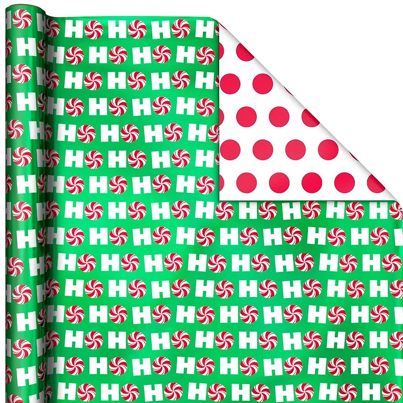 Papier d'emballage réversible – Hallmark (Pères Noël, joyeux messages, bonbons, pois, bonshommes de neige, rayures)