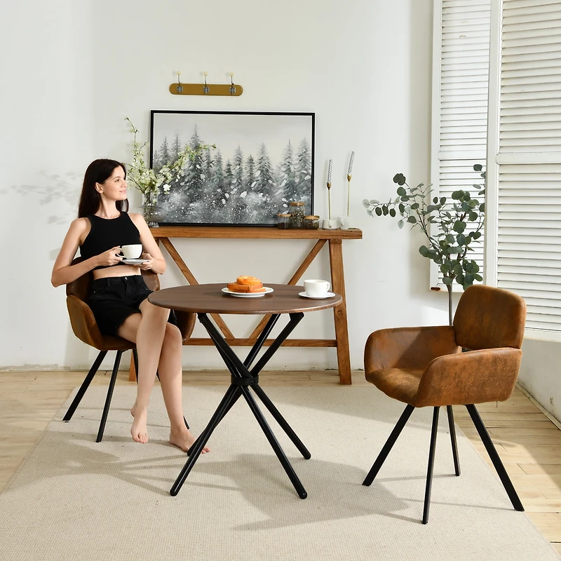 Ensemble de salle à manger 3 pièces Homy Casa avec table ronde et fauteuils pivotants, table imitation bois expresso de 80 cm et 2 chaises pour cuisine et appartement, tissu imitation suède marron