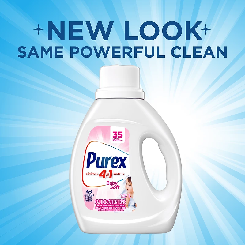 Détergent à lessive liquide hypoallergénique concentré, Purex Baby Soft, sans colorant, testé par des dermatologues pédiatriques, 1,17 L, 35 brassées, compatible avec les laveuses HE