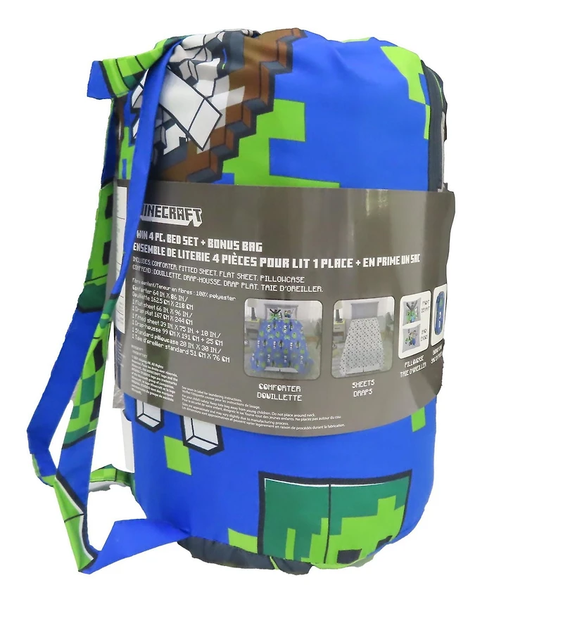 Minecraft Ensemble de Literie 4 Pièces pour Lit 1 Place + En Prime un Sac