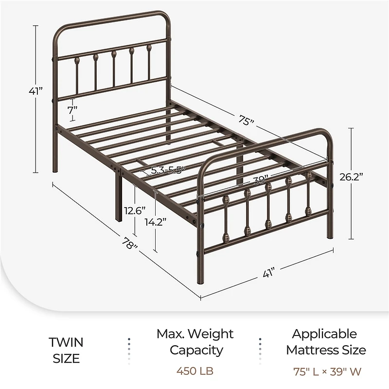Fullfurnique Classic Iron Platform Bed Frame with High Headboard and Footboard, Twin, Bronze