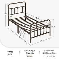 Fullfurnique Classic Iron Platform Bed Frame with High Headboard and Footboard, Twin, Bronze